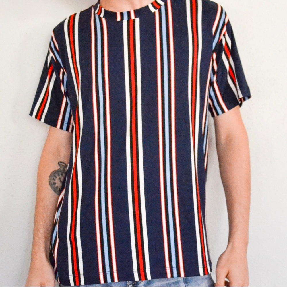 Vertical Striped Crew Neck Tee- Red